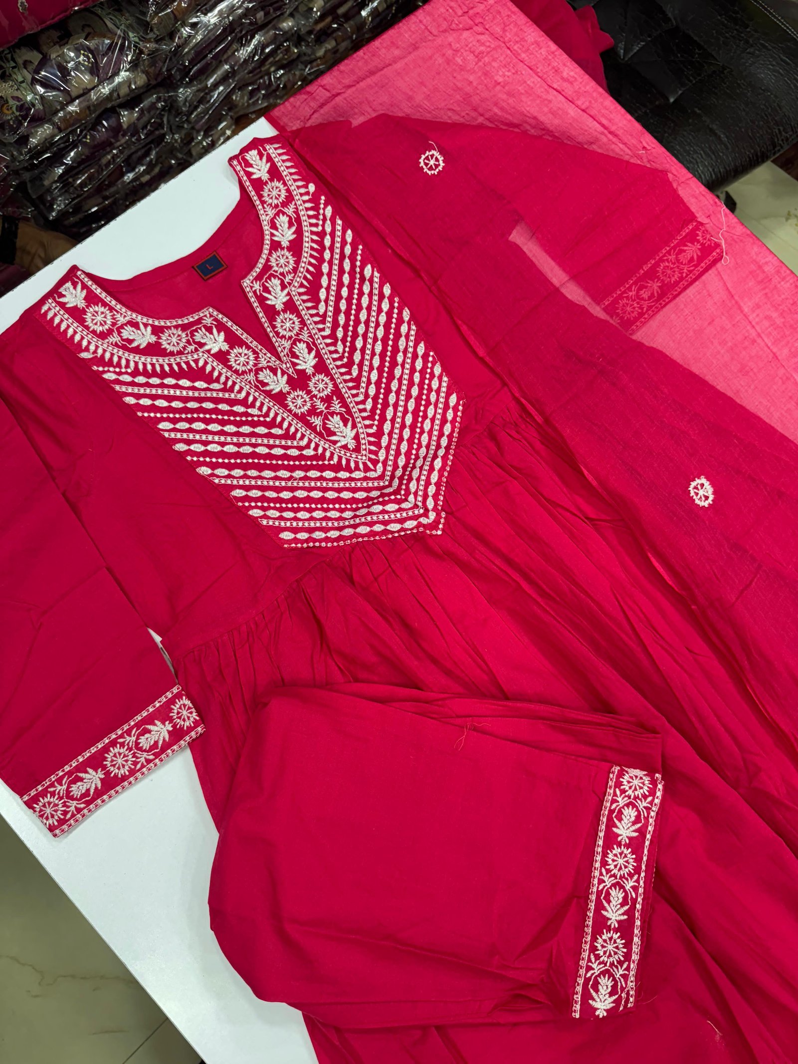 Pink Cotton Suit Set with Embroidered Dupatta